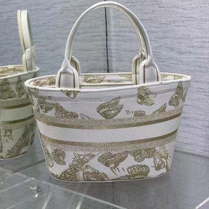 Dior Women CD Hat Basket Bag White Gold-One Gradient Butterflies Embroidery