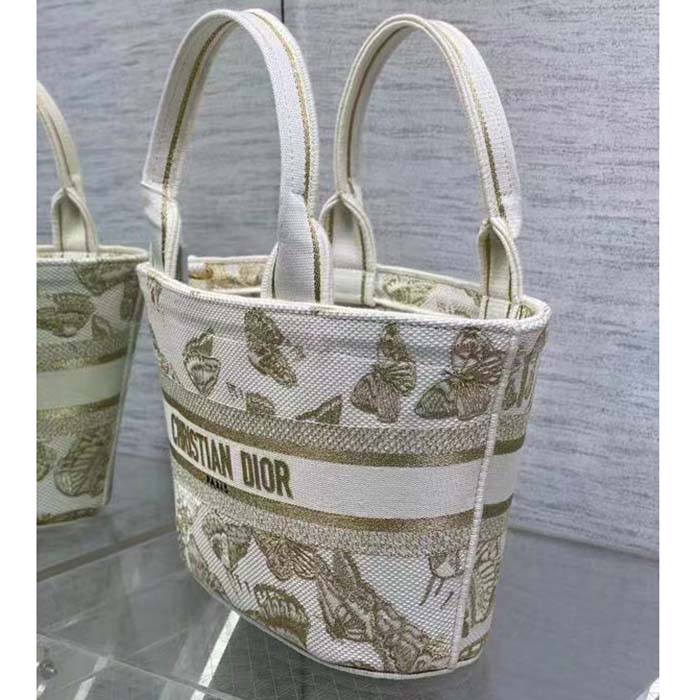 Dior Women CD Hat Basket Bag White Gold-One Gradient Butterflies Embroidery