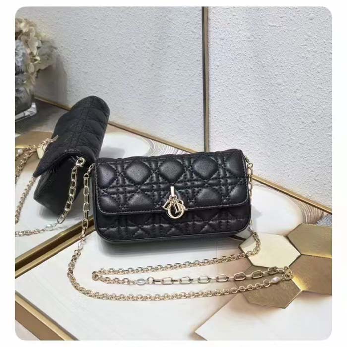 Dior Women CD Lady Dior Phone Pouch Black Cannage Lambskin Removable Chain Strap