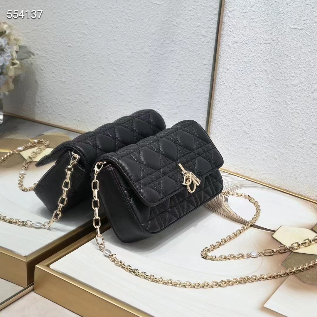 Dior Women CD Lady Dior Phone Pouch Black Cannage Lambskin Removable Chain Strap
