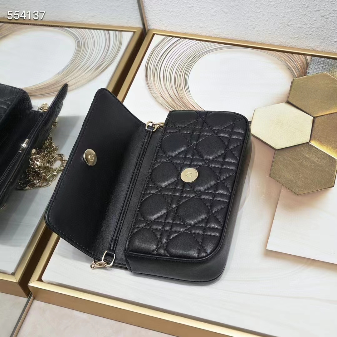 Dior Women CD Lady Dior Phone Pouch Black Cannage Lambskin Removable Chain Strap