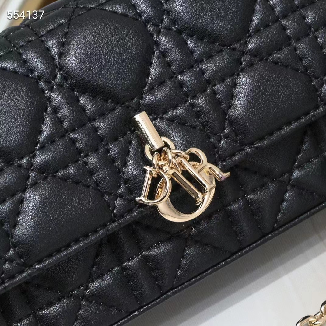 Dior Women CD Lady Dior Phone Pouch Black Cannage Lambskin Removable Chain Strap