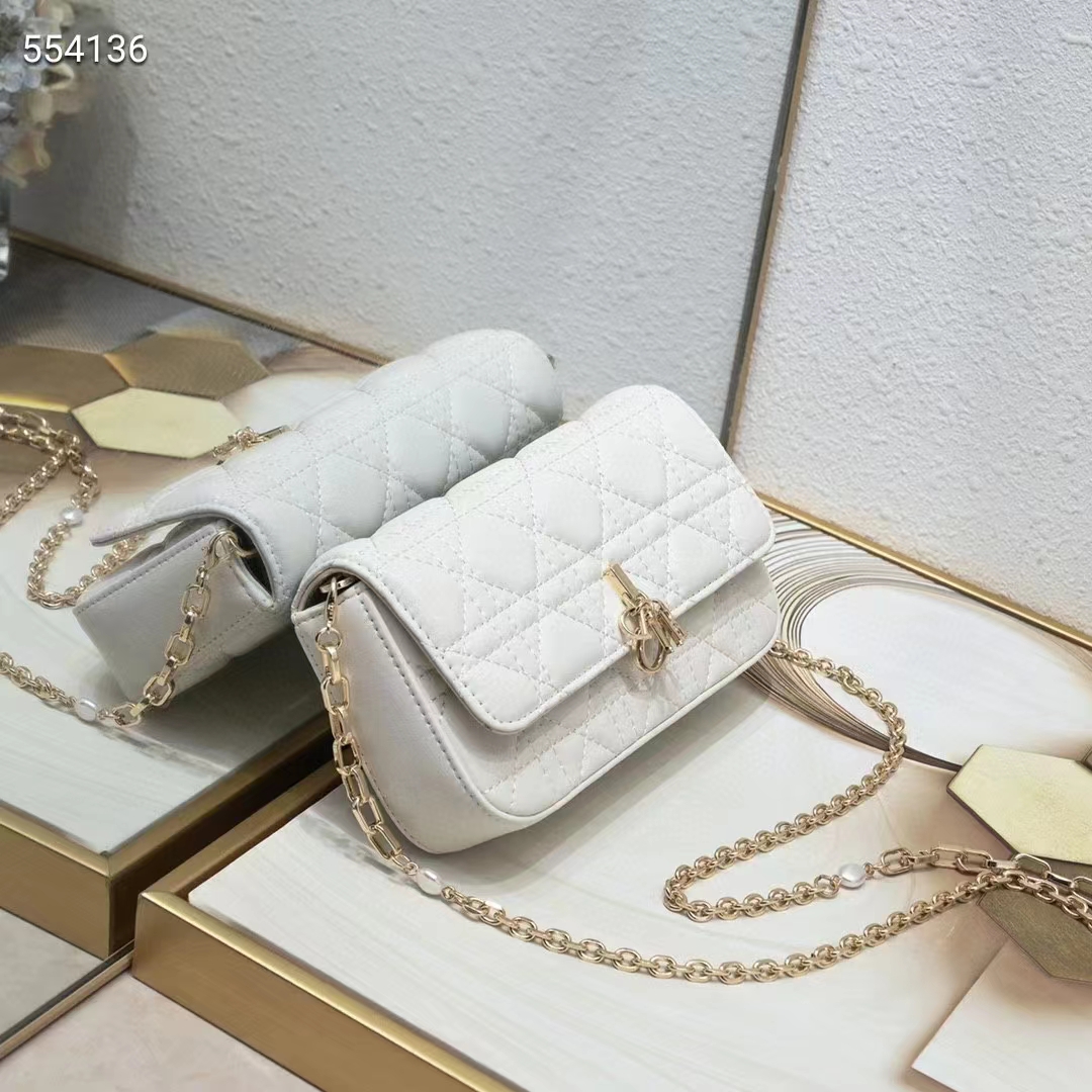 Dior Women CD Lady Dior Phone Pouch Latte Cannage Lambskin Removable Chain Strap