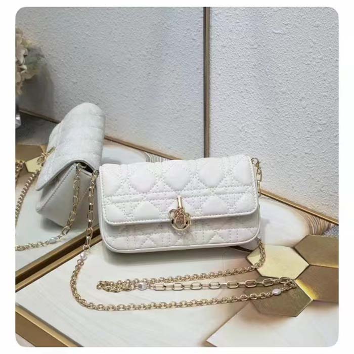 Dior Women CD Lady Dior Phone Pouch Latte Cannage Lambskin Removable Chain Strap
