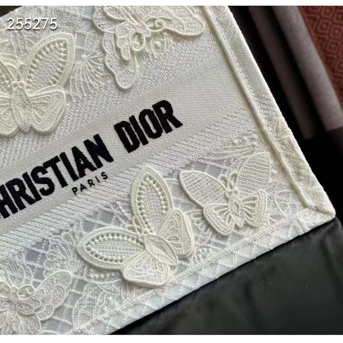 Dior Women CD Medium Book Tote White D-Lace Butterfly Embroidery