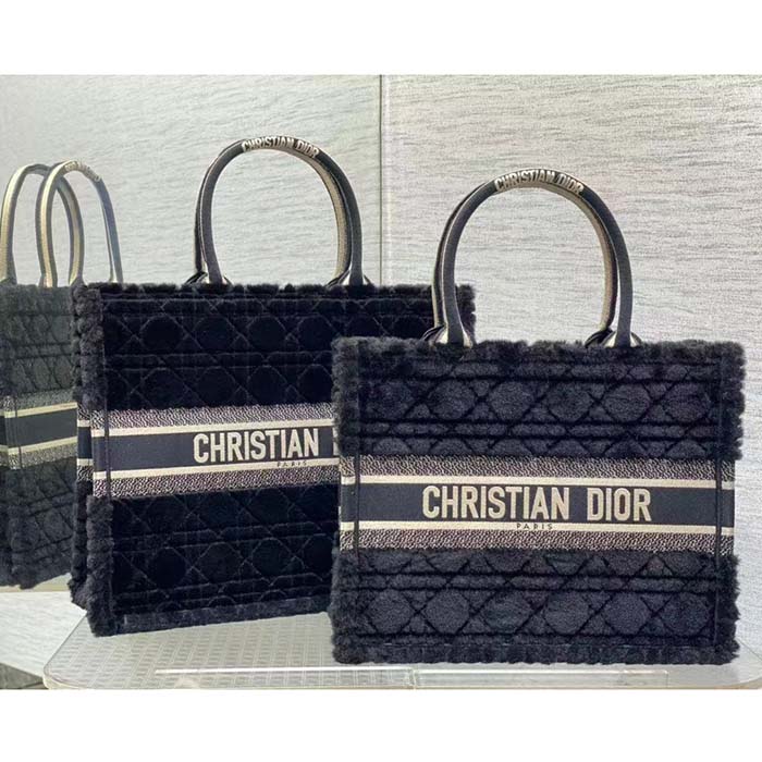 Dior Women CD Medium Dior Book Tote Black Cannage Shearling