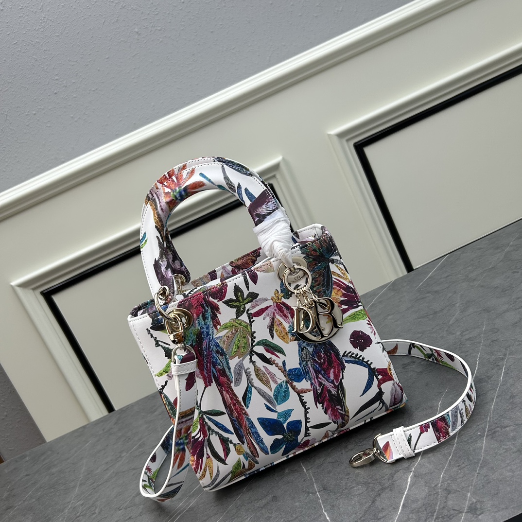 Dior Women CD Mini Lady Dior Bag White Multicolor Calfskin Toile De Jouy Fantastica Print Embroidery