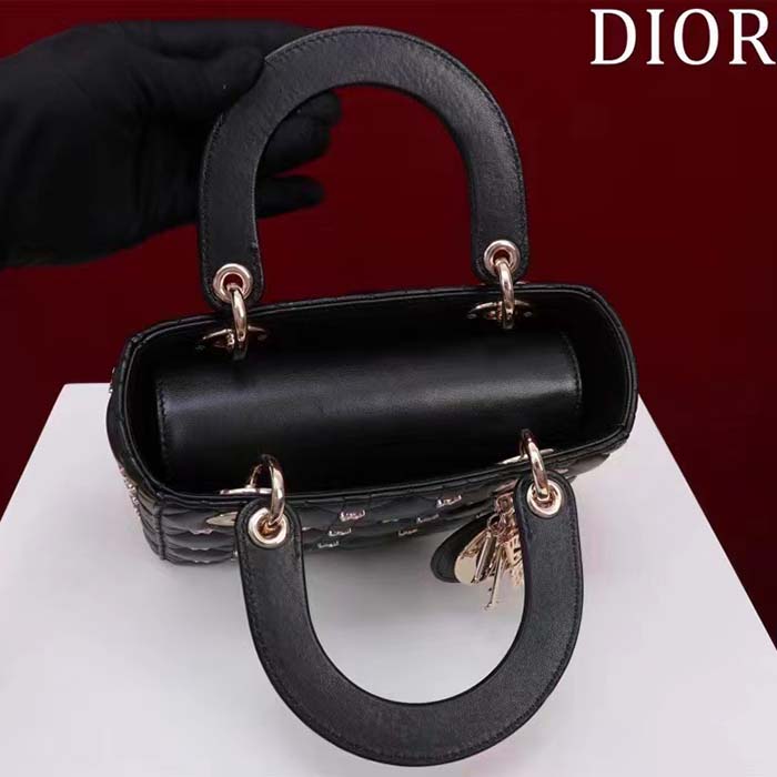 Dior Women CD Small Lady Dior Bag Black Cannage Lambskin Gold-Finish Butterfly Studs