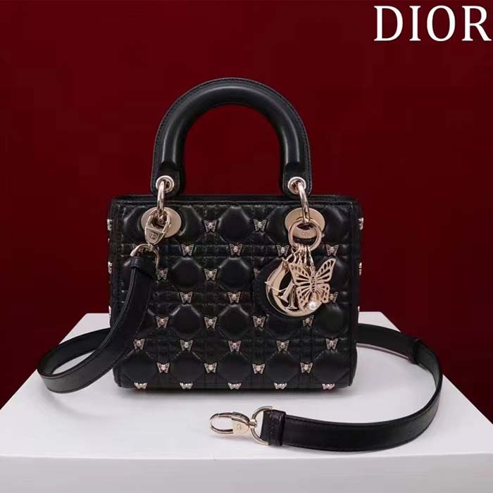 Dior Women CD Small Lady Dior Bag Black Cannage Lambskin Gold-Finish Butterfly Studs