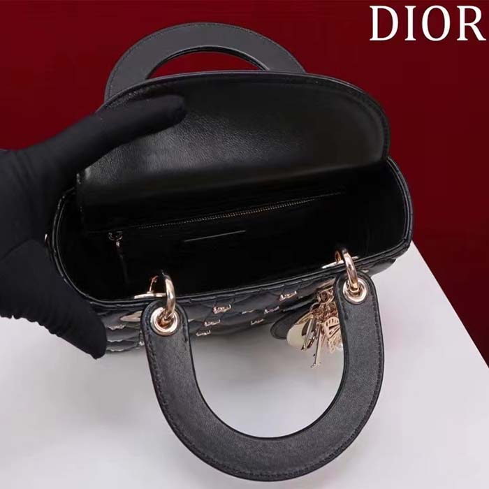 Dior Women CD Small Lady Dior Bag Black Cannage Lambskin Gold-Finish Butterfly Studs