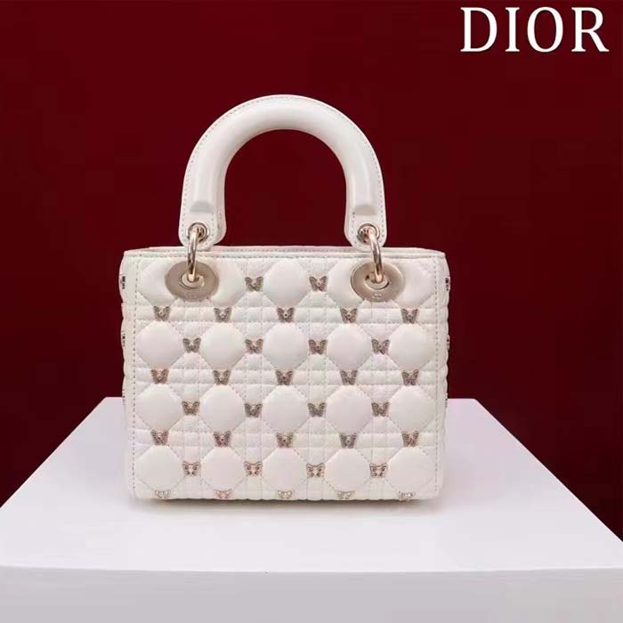 Dior Women CD Small Lady Dior Bag White Cannage Lambskin Gold-Finish Butterfly Studs
