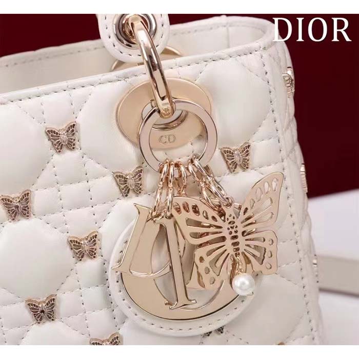 Dior Women CD Small Lady Dior Bag White Cannage Lambskin Gold-Finish Butterfly Studs