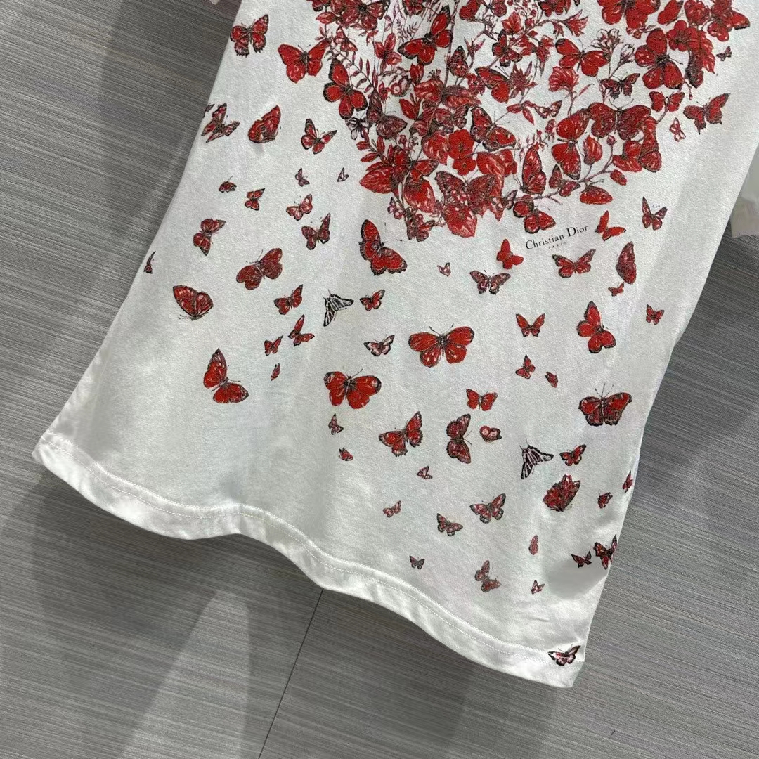 Dior Men CD T-Shirt White Cotton Jersey Red Le Cœur Des Papillons Motif