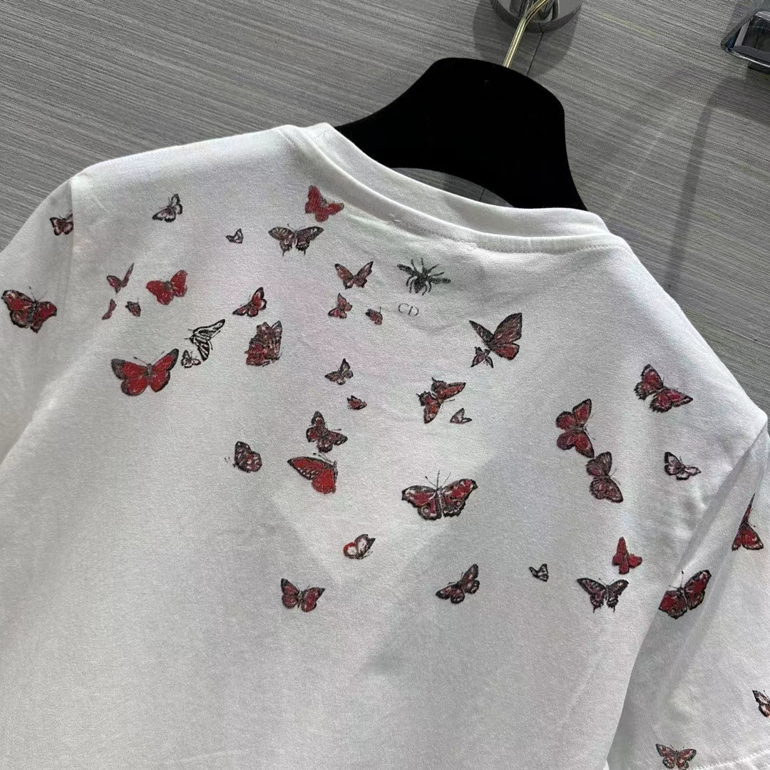 Dior Men CD T-Shirt White Cotton Jersey Red Le Cœur Des Papillons Motif