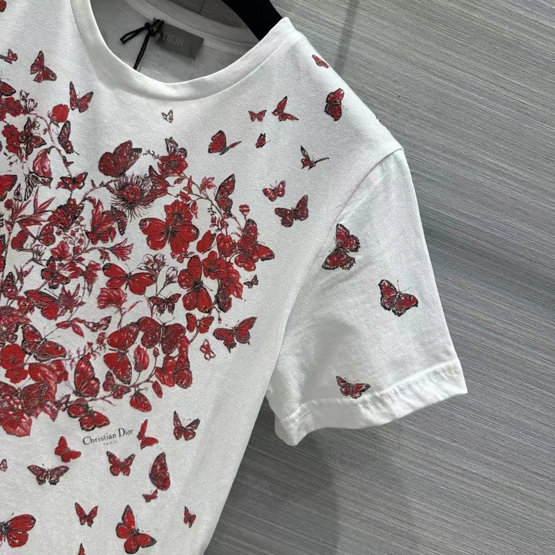 Dior Men CD T-Shirt White Cotton Jersey Red Le Cœur Des Papillons Motif