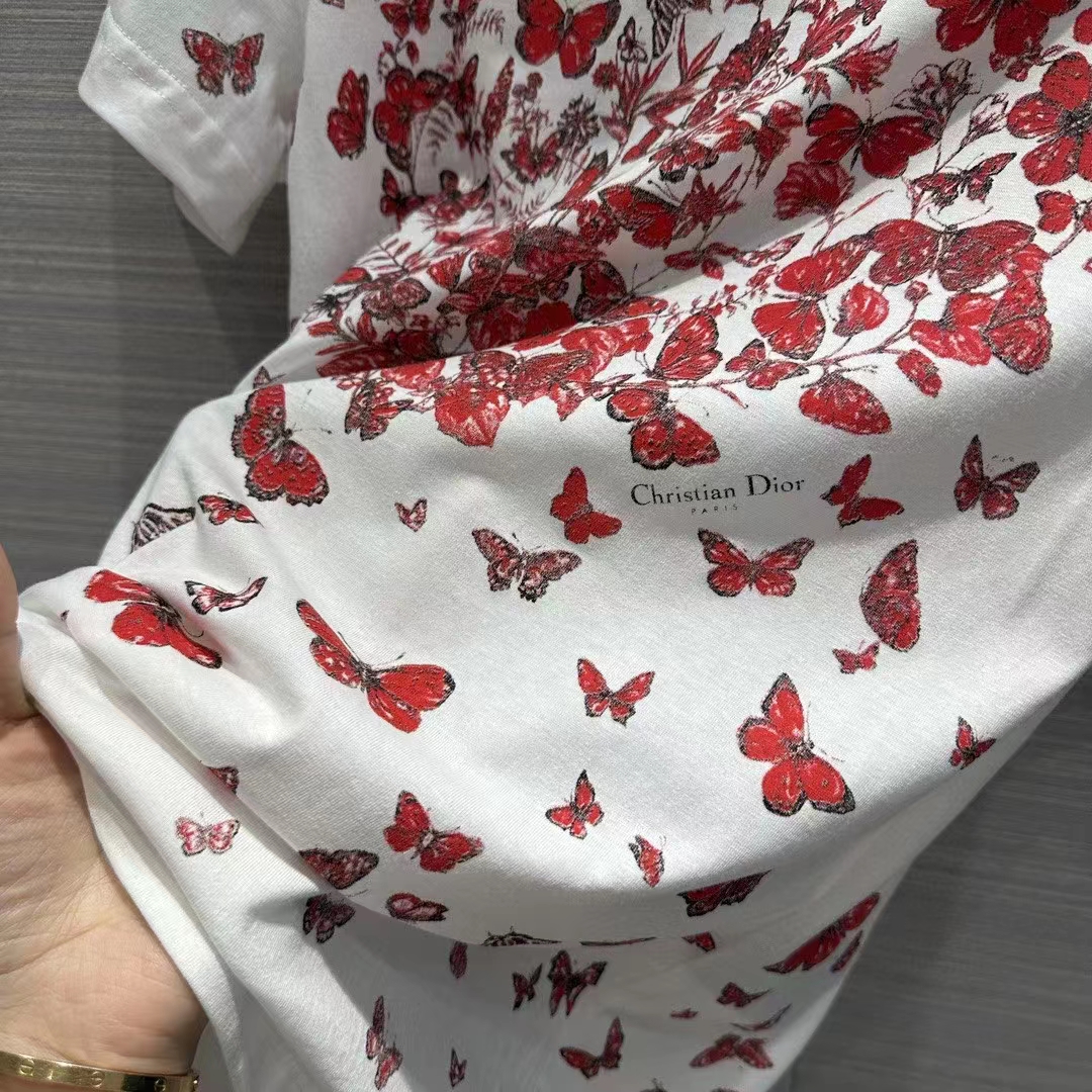 Dior Men CD T-Shirt White Cotton Jersey Red Le Cœur Des Papillons Motif