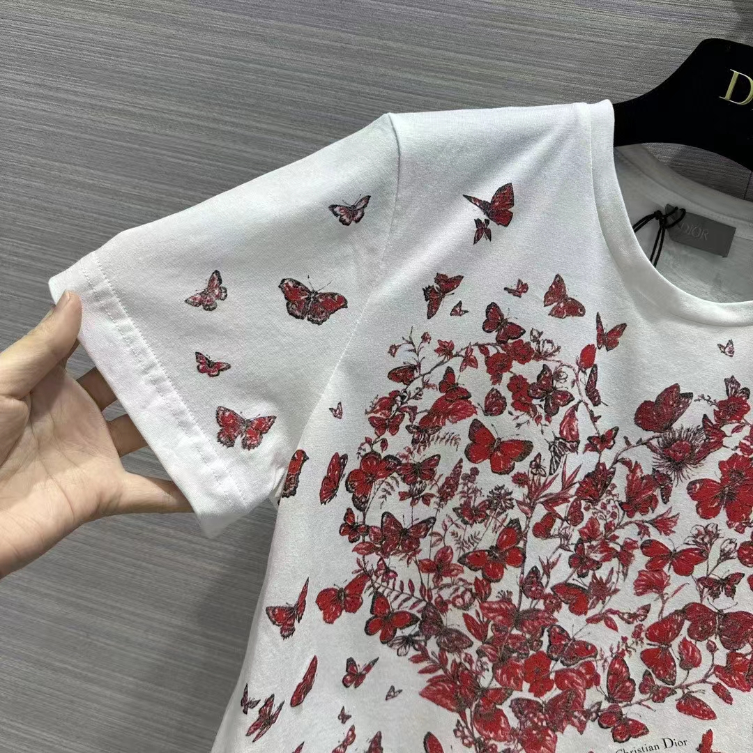 Dior Men CD T-Shirt White Cotton Jersey Red Le Cœur Des Papillons Motif