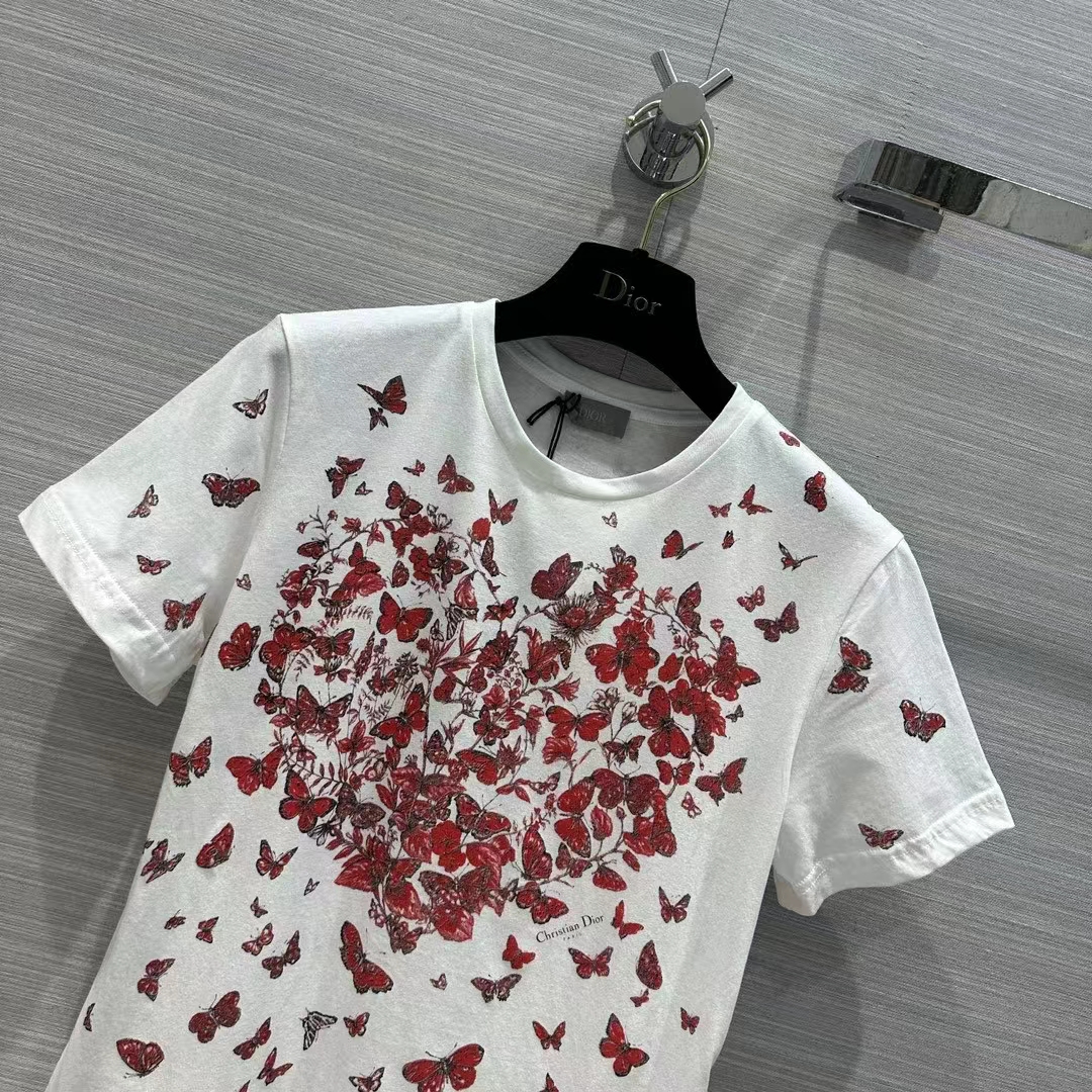 Dior Men CD T-Shirt White Cotton Jersey Red Le Cœur Des Papillons Motif