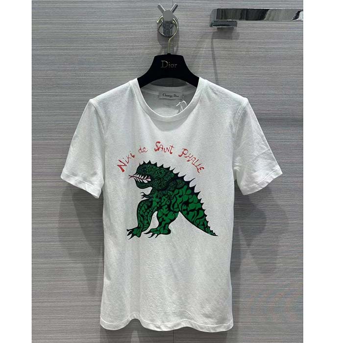 Dior Women CD T-Shirt White Cotton Linen Jersey Green Dragon Motif