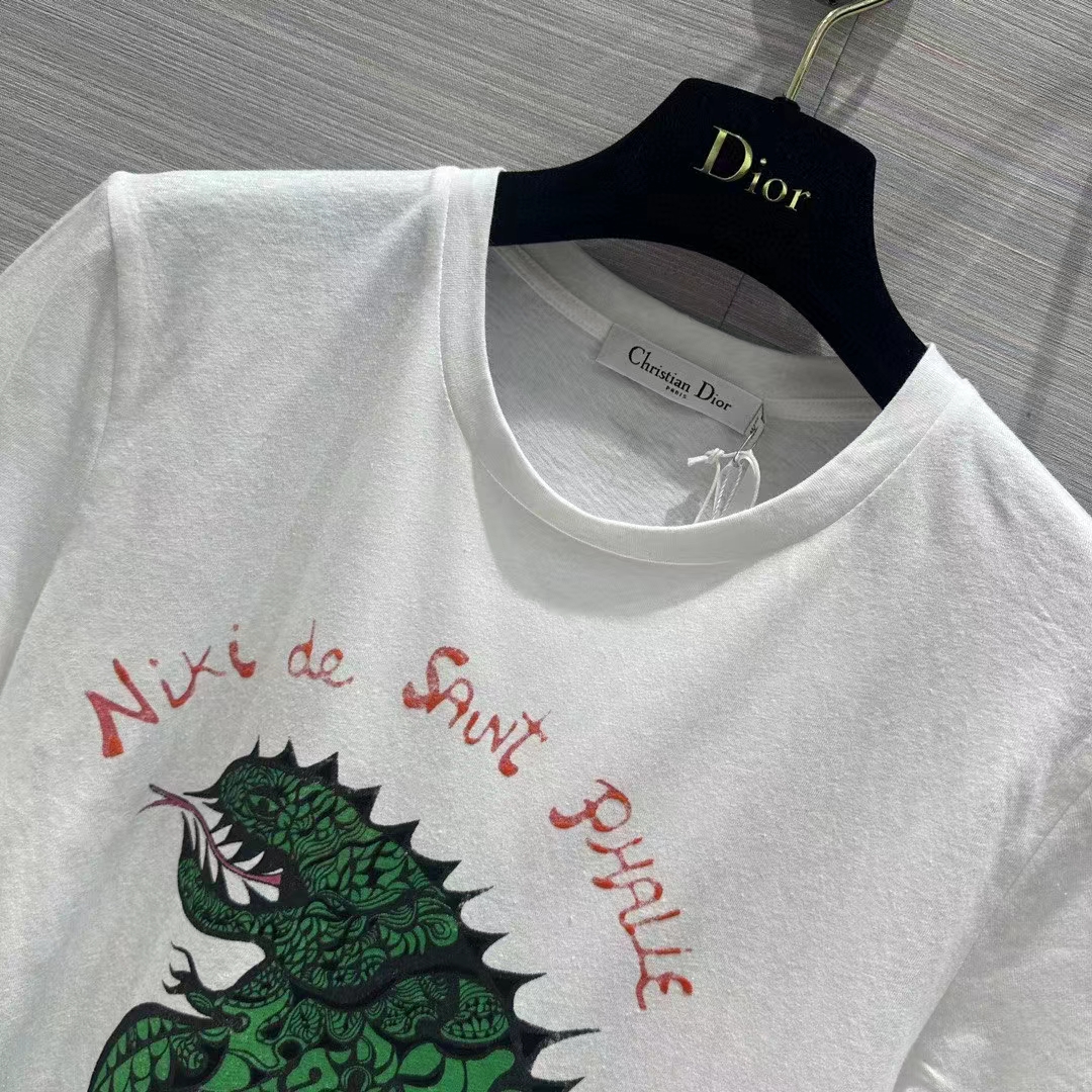Dior Women CD T-Shirt White Cotton Linen Jersey Green Dragon Motif