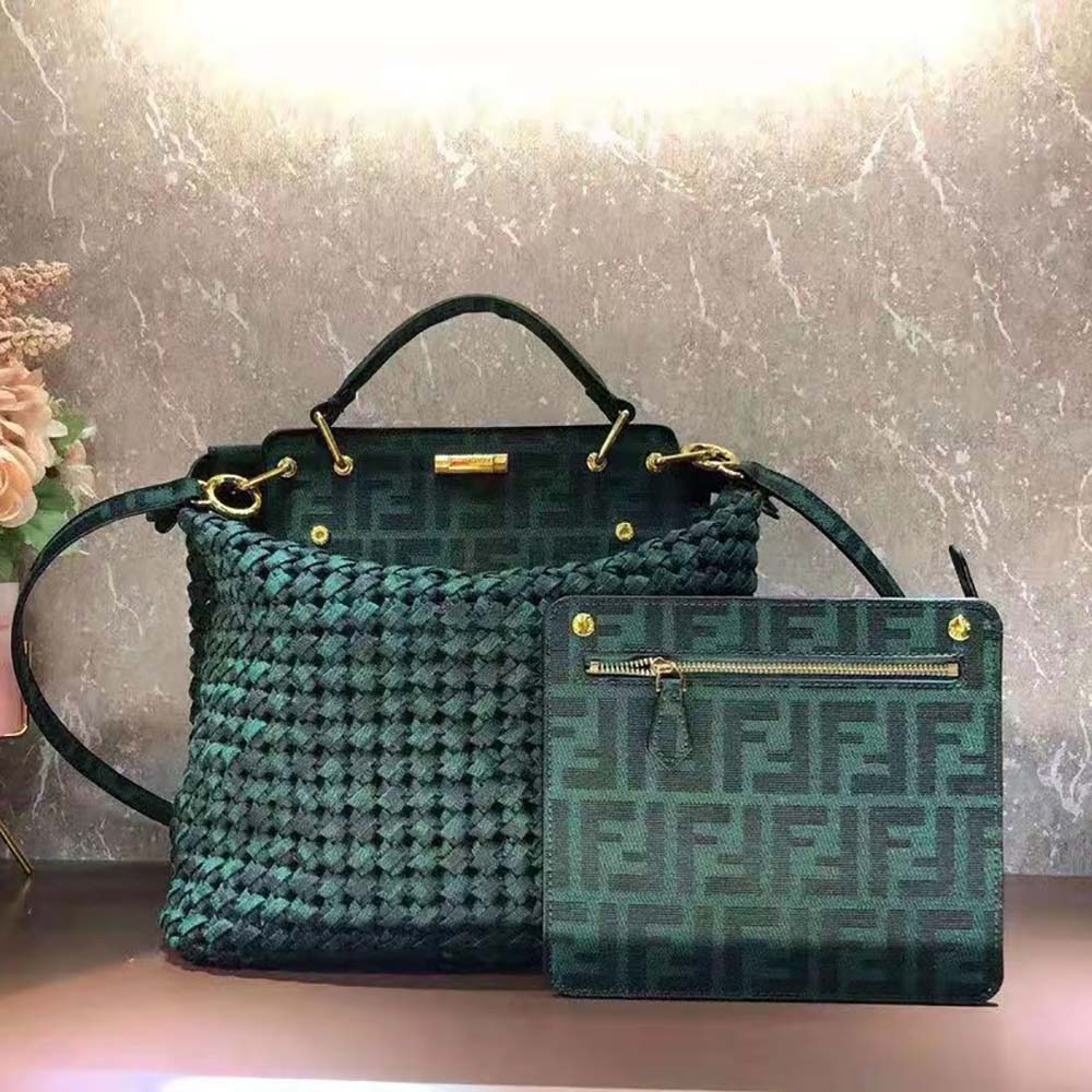 Fendi Women Peekaboo Iconic Medium Jacquard Fabric Interlace Bag-Dark Green