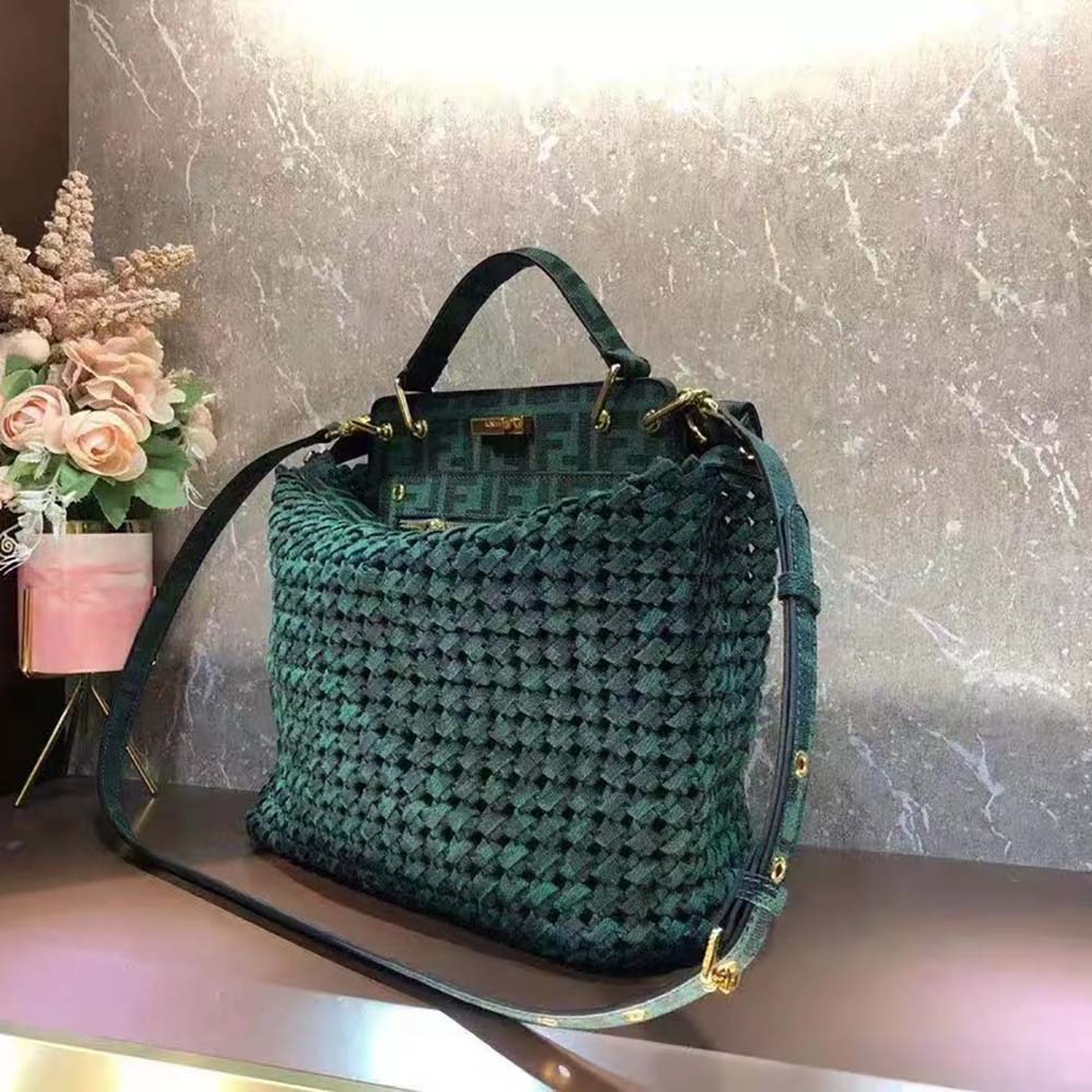 Fendi Women Peekaboo Iconic Medium Jacquard Fabric Interlace Bag-Dark Green