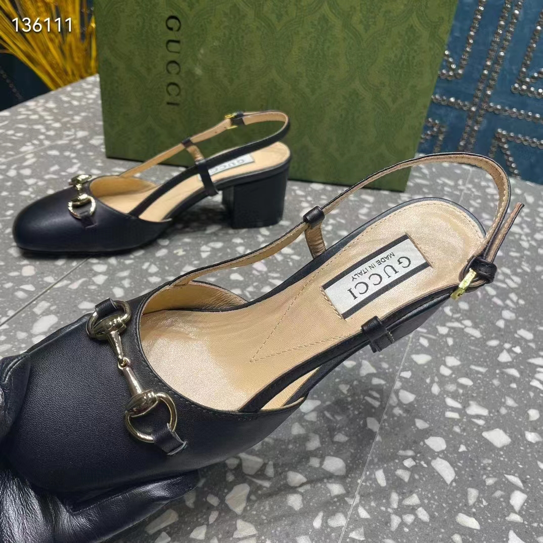 G*u*i gg women horsebit slingback black leather sole ankle buckle closure mid-heel style ‎771601 c9d00 1000