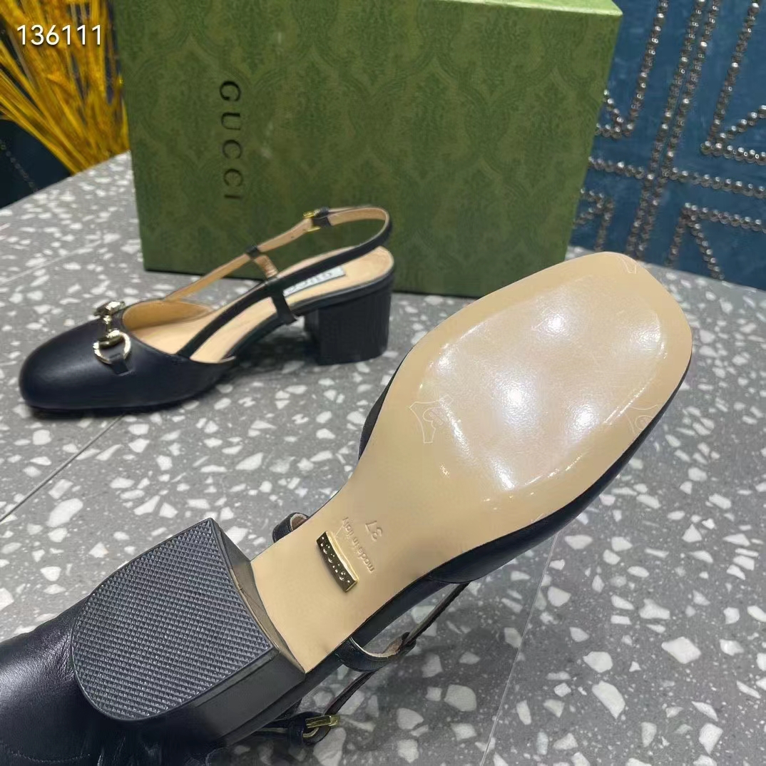 G*u*i gg women horsebit slingback black leather sole ankle buckle closure mid-heel style ‎771601 c9d00 1000