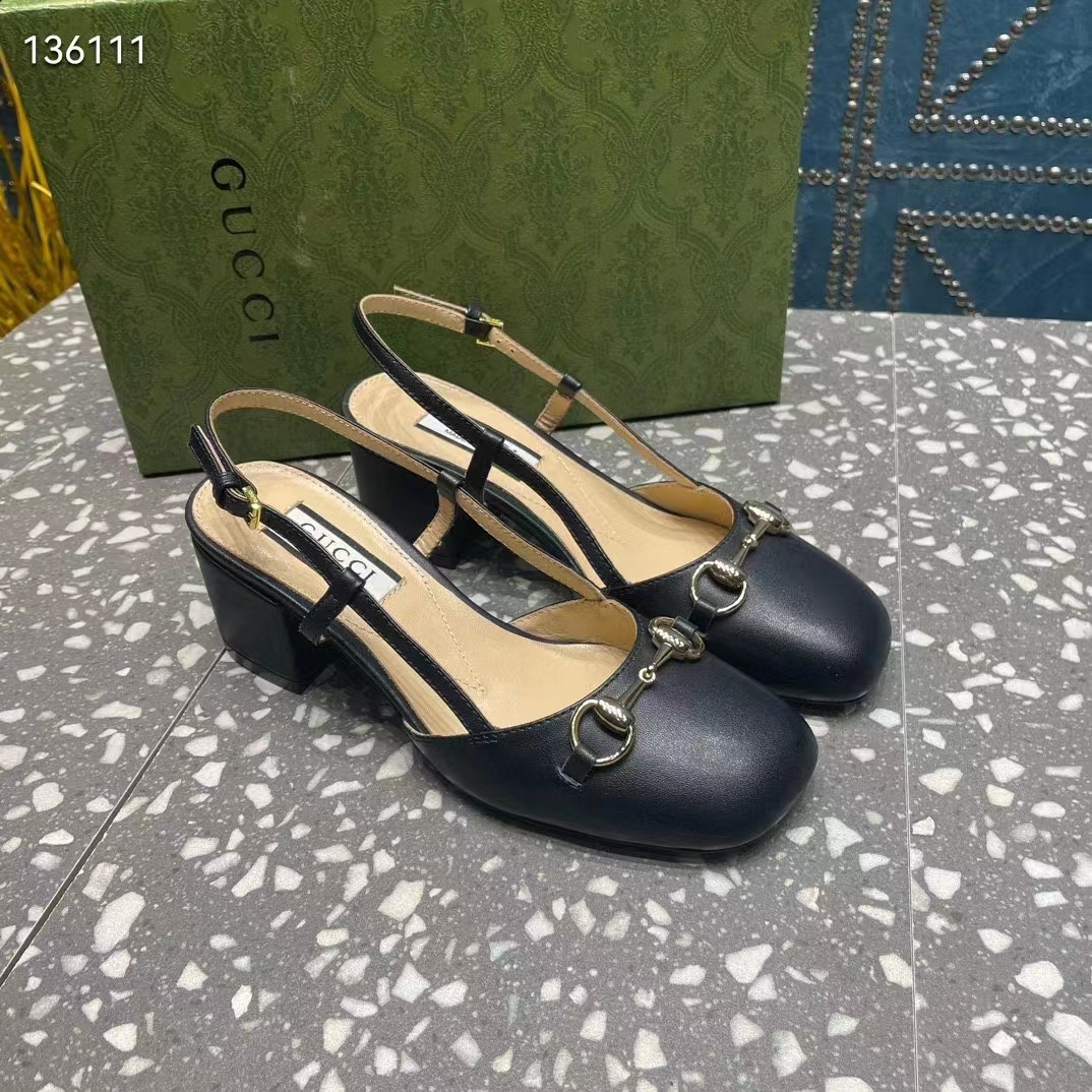 G*u*i gg women horsebit slingback black leather sole ankle buckle closure mid-heel style ‎771601 c9d00 1000