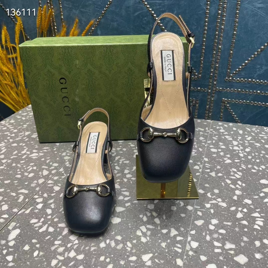 G*u*i gg women horsebit slingback black leather sole ankle buckle closure mid-heel style ‎771601 c9d00 1000
