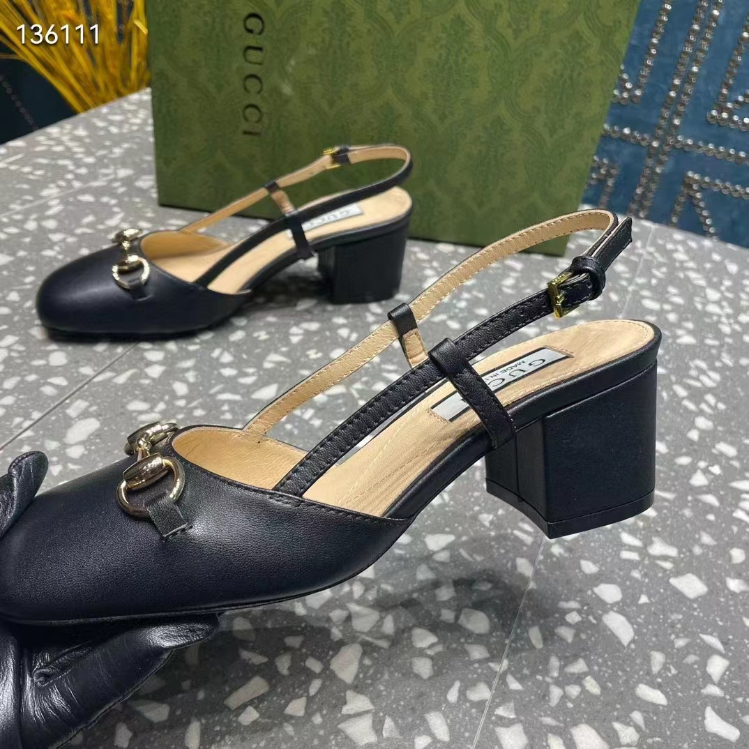 G*u*i gg women horsebit slingback black leather sole ankle buckle closure mid-heel style ‎771601 c9d00 1000