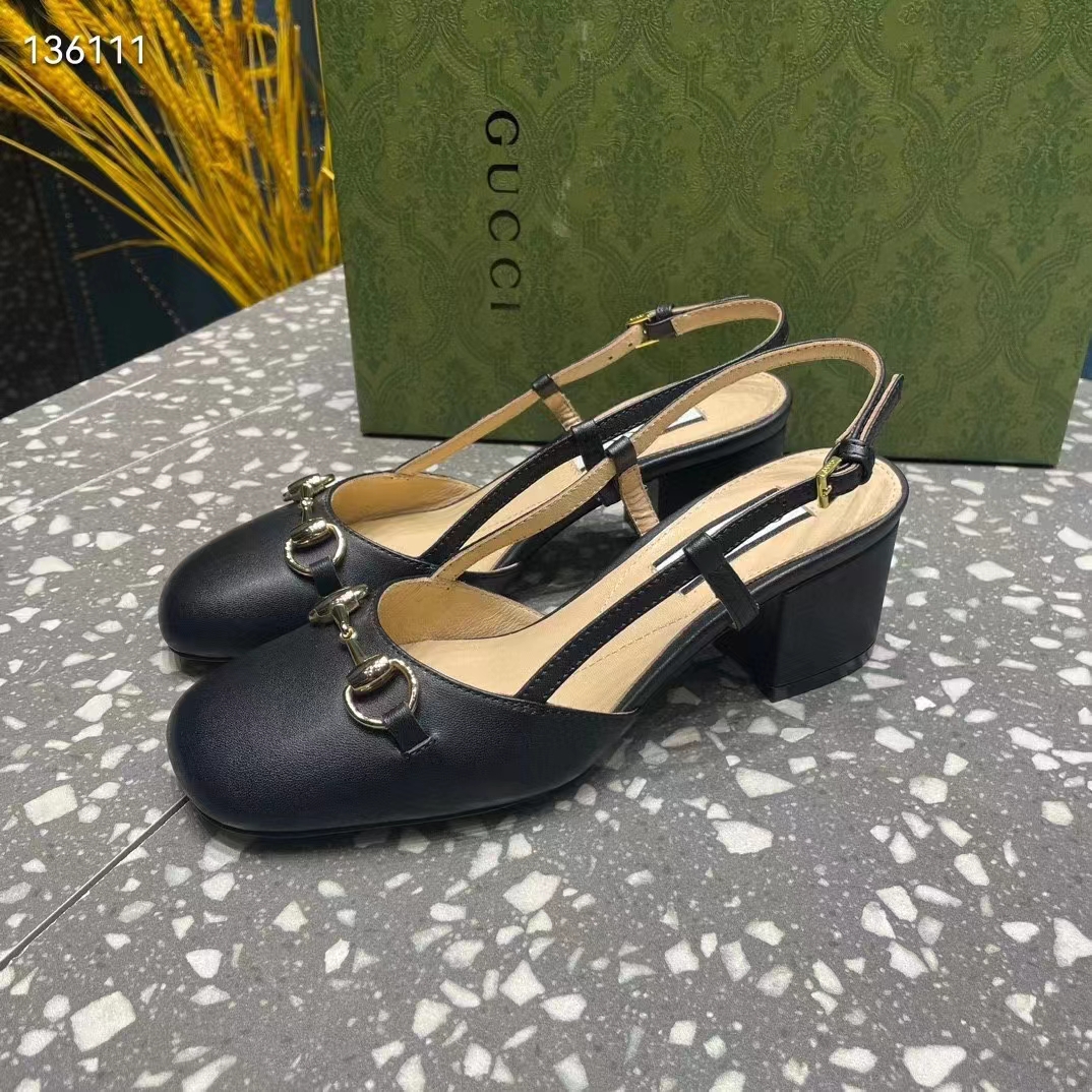 G*u*i gg women horsebit slingback black leather sole ankle buckle closure mid-heel style ‎771601 c9d00 1000