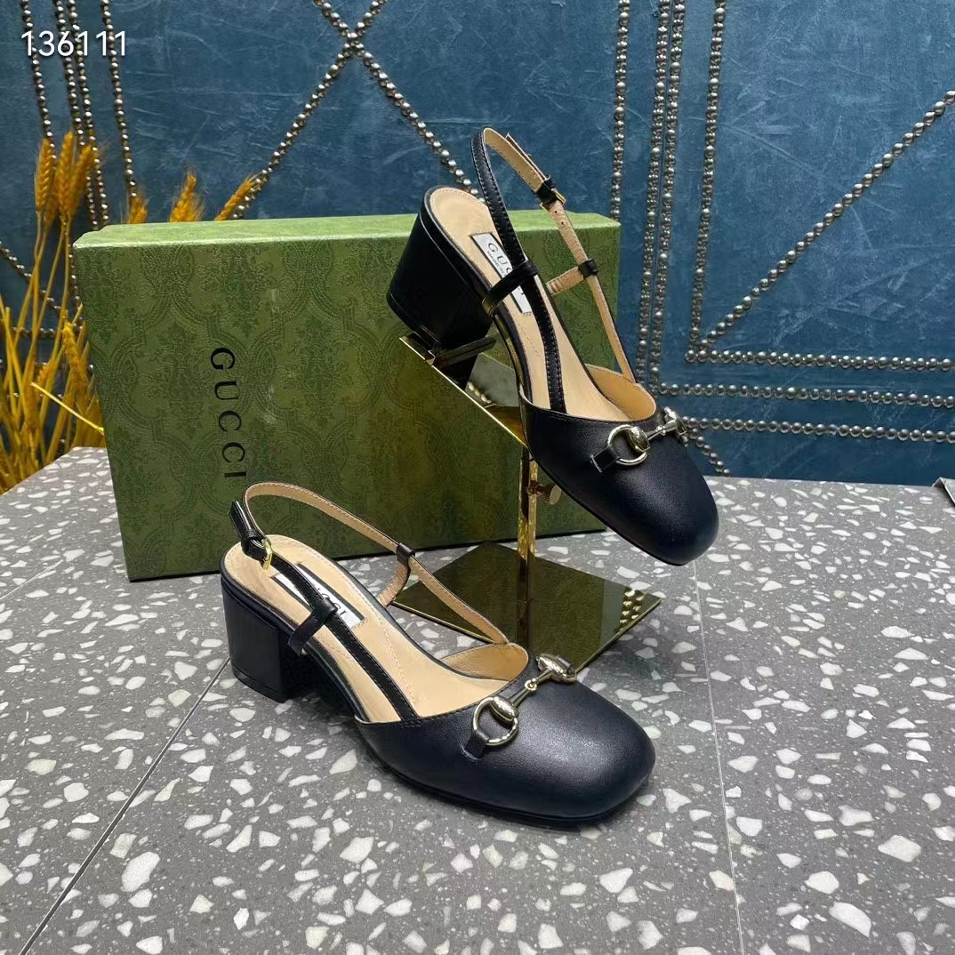 G*u*i gg women horsebit slingback black leather sole ankle buckle closure mid-heel style ‎771601 c9d00 1000