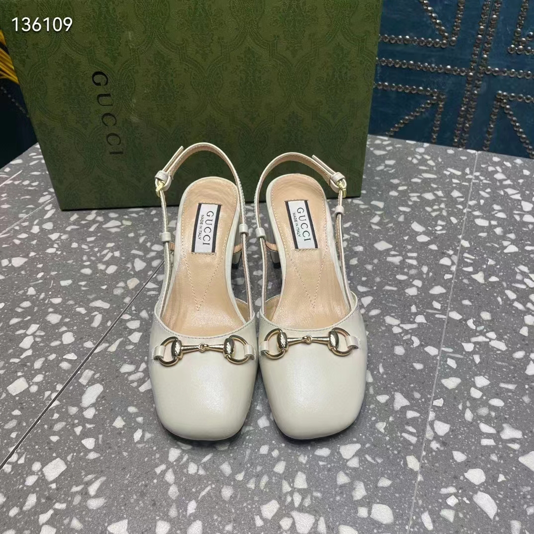 G*u*i gg women horsebit slingback white leather sole ankle buckle closure mid-heel style ‎771601 c9d00 9022