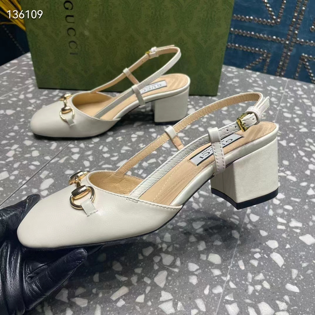 G*u*i gg women horsebit slingback white leather sole ankle buckle closure mid-heel style ‎771601 c9d00 9022