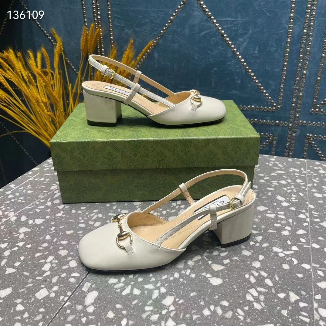 G*u*i gg women horsebit slingback white leather sole ankle buckle closure mid-heel style ‎771601 c9d00 9022