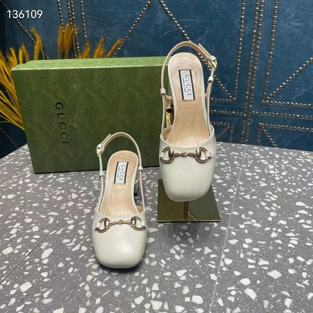G*u*i gg women horsebit slingback white leather sole ankle buckle closure mid-heel style ‎771601 c9d00 9022
