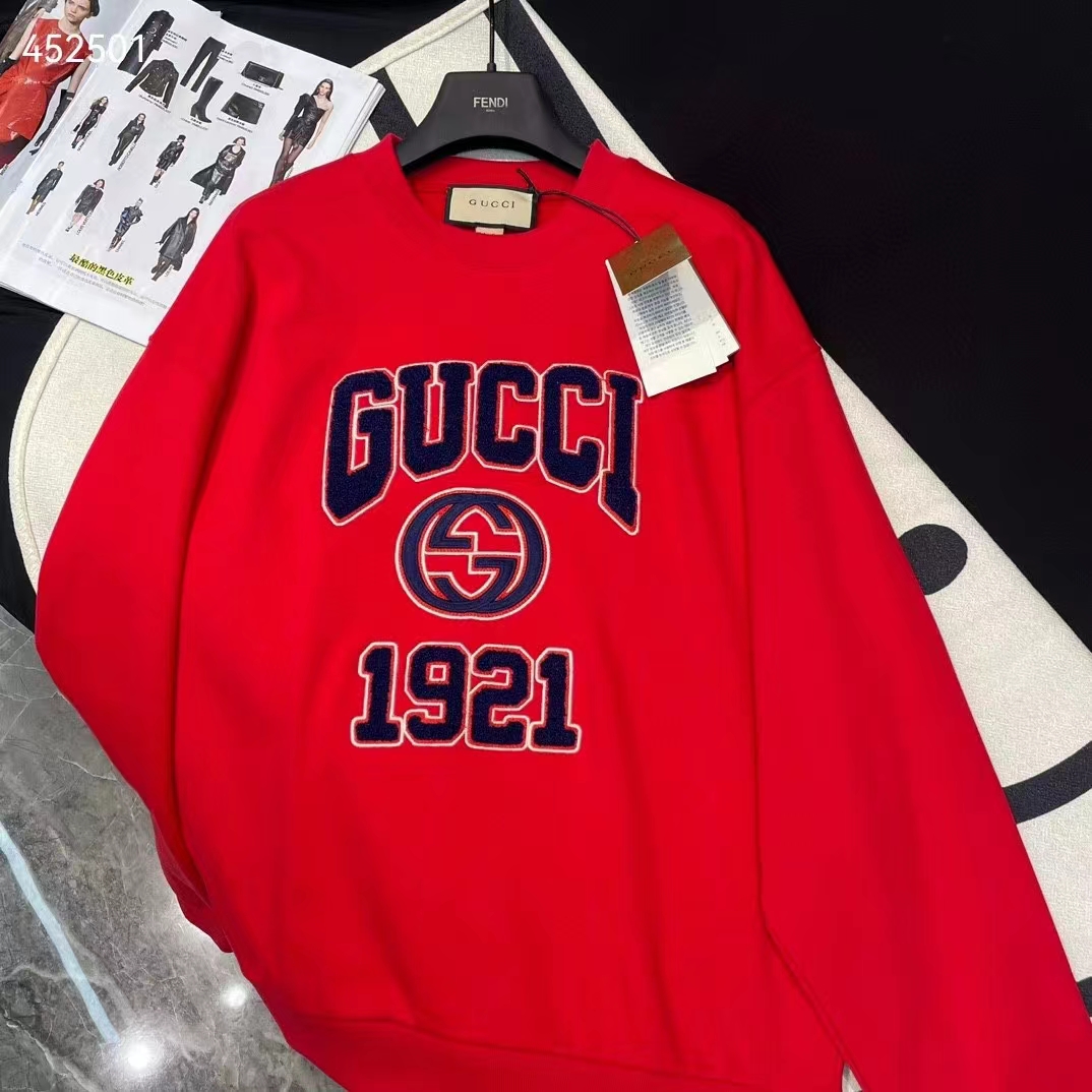 G*u*i men gg cotton jersey sweatshirt 1921 embroidery red crewneck dropped shoulder style ‎768530 xjf3o 6429