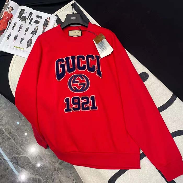 G*u*i men gg cotton jersey sweatshirt 1921 embroidery red crewneck dropped shoulder style ‎768530 xjf3o 6429
