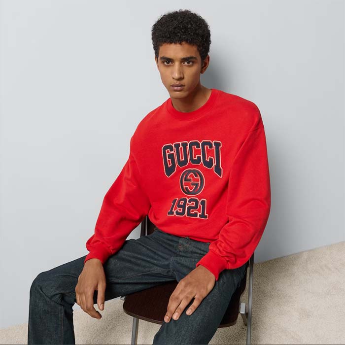 G*u*i men gg cotton jersey sweatshirt 1921 embroidery red crewneck dropped shoulder style ‎768530 xjf3o 6429