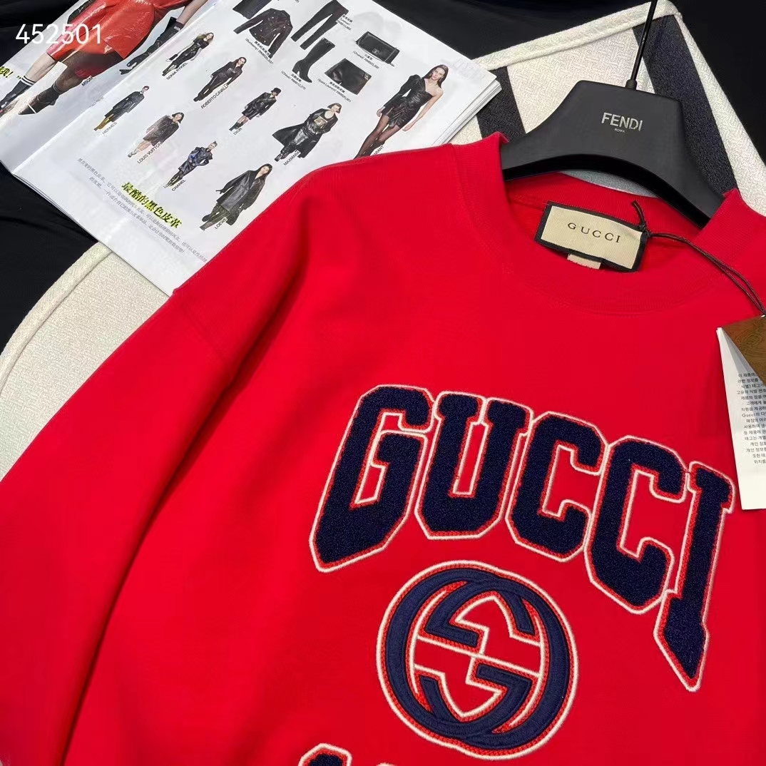 G*u*i men gg cotton jersey sweatshirt 1921 embroidery red crewneck dropped shoulder style ‎768530 xjf3o 6429