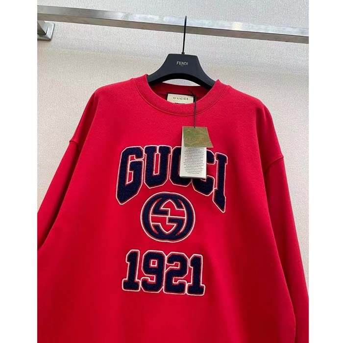 G*u*i men gg cotton jersey sweatshirt 1921 embroidery red crewneck dropped shoulder style ‎768530 xjf3o 6429