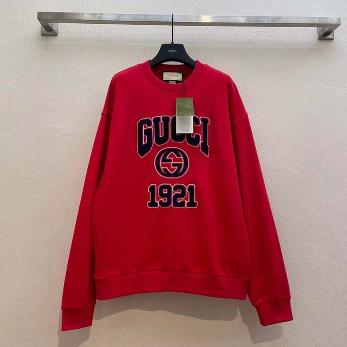 G*u*i men gg cotton jersey sweatshirt 1921 embroidery red crewneck dropped shoulder style ‎768530 xjf3o 6429