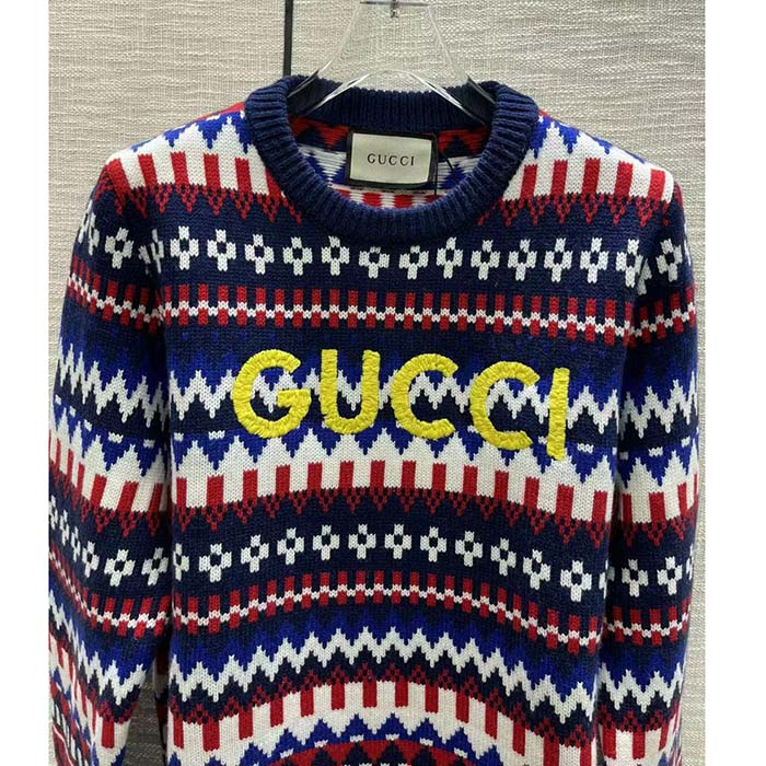 G*u*i men knit wool sweater G*u*i embroidery crewneck dropped shoulder rib style ‎763391 xkdox 4216