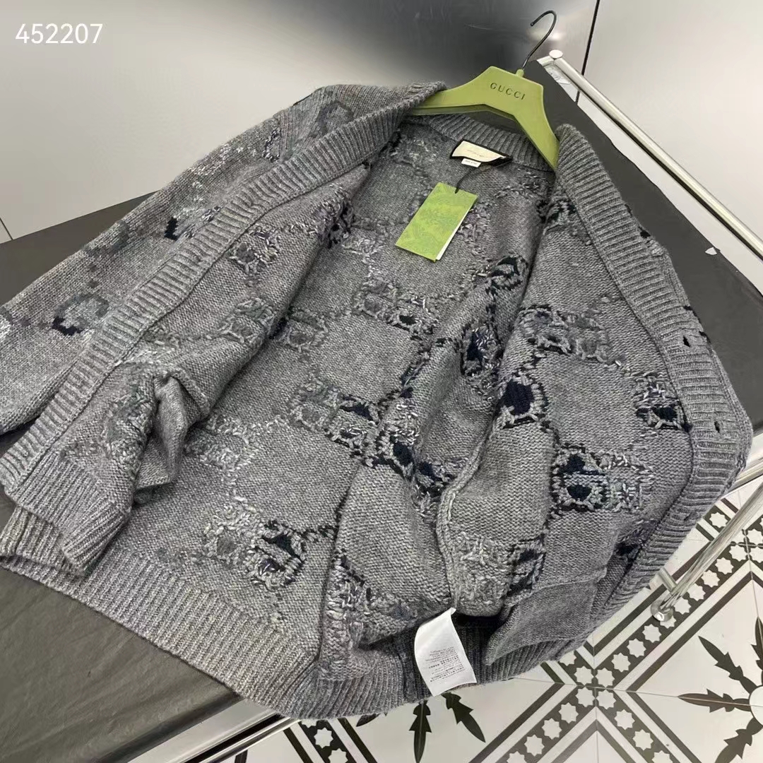 G*u*i men wool cardigan gg intarsia grey allover v-neck dropped shoulder long sleeves style ‎770507 xkdsj 1128