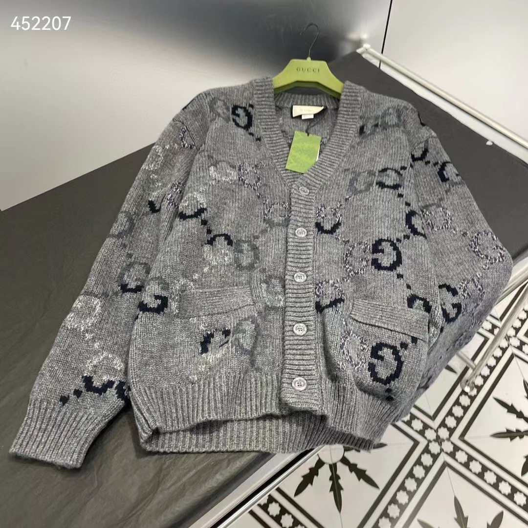 G*u*i men wool cardigan gg intarsia grey allover v-neck dropped shoulder long sleeves style ‎770507 xkdsj 1128