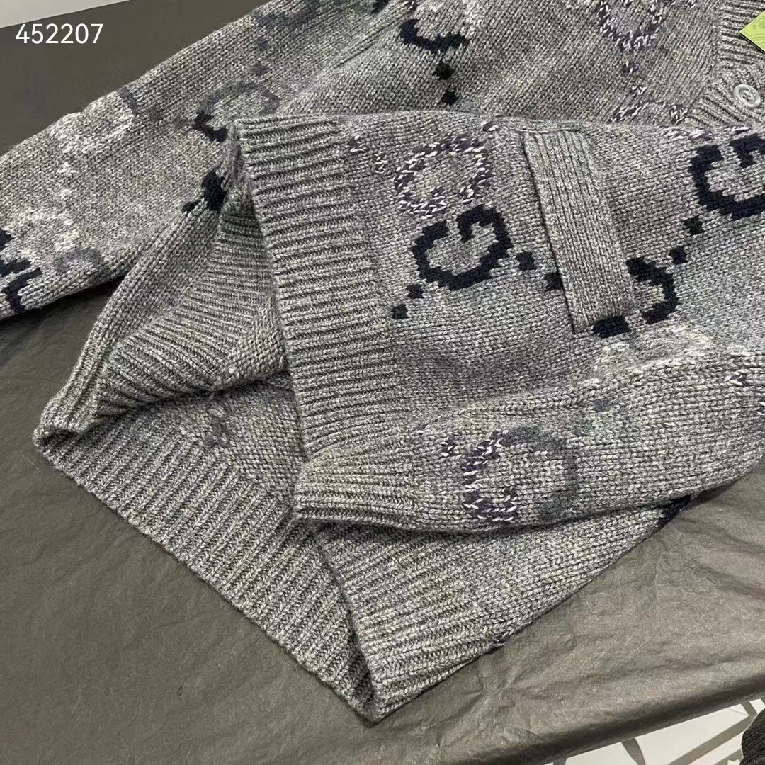 G*u*i men wool cardigan gg intarsia grey allover v-neck dropped shoulder long sleeves style ‎770507 xkdsj 1128