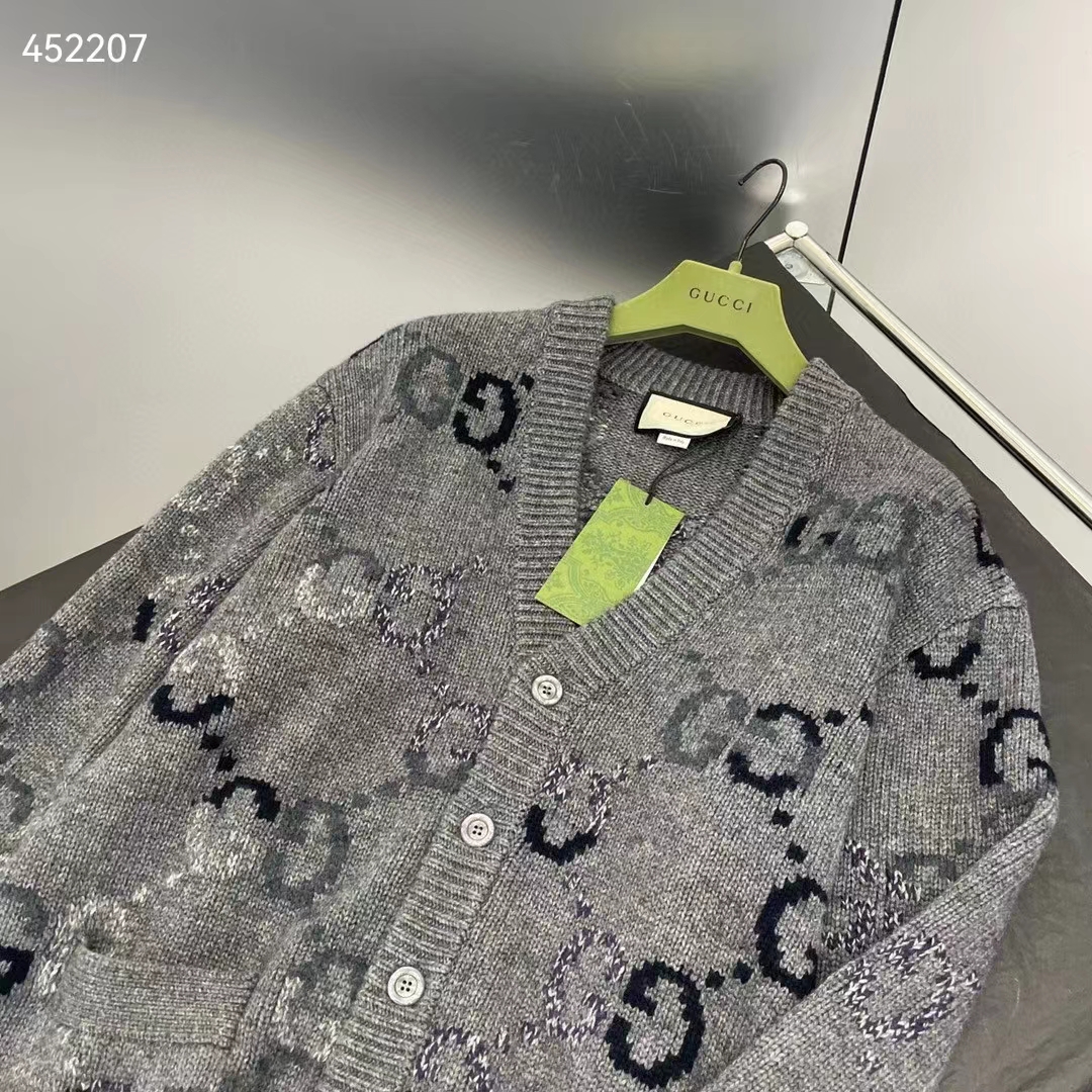 G*u*i men wool cardigan gg intarsia grey allover v-neck dropped shoulder long sleeves style ‎770507 xkdsj 1128