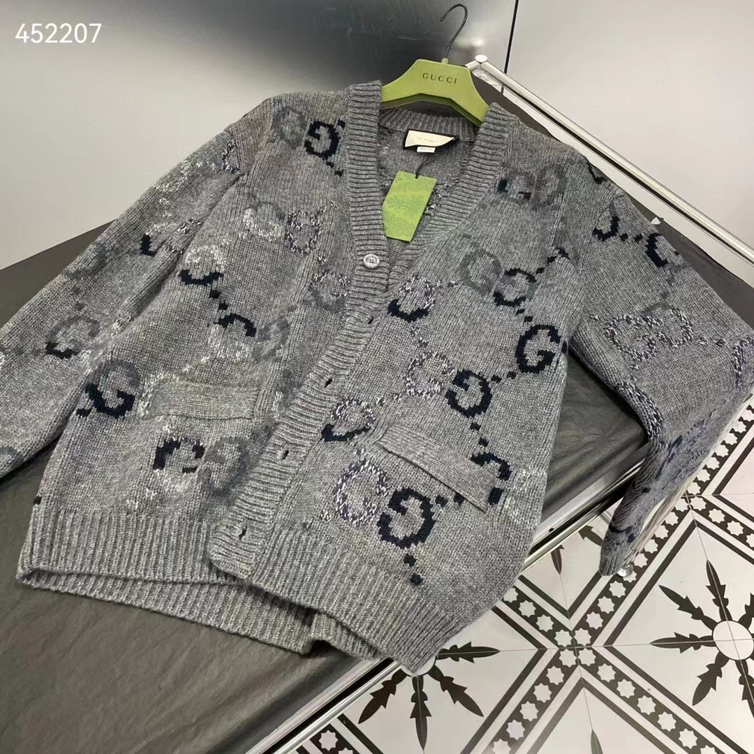 G*u*i men wool cardigan gg intarsia grey allover v-neck dropped shoulder long sleeves style ‎770507 xkdsj 1128
