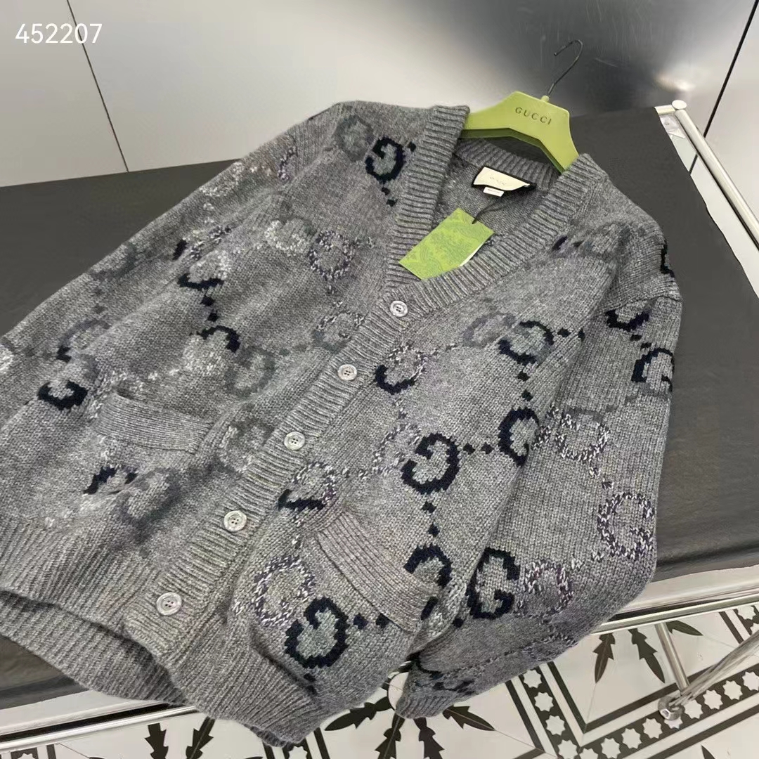 G*u*i men wool cardigan gg intarsia grey allover v-neck dropped shoulder long sleeves style ‎770507 xkdsj 1128